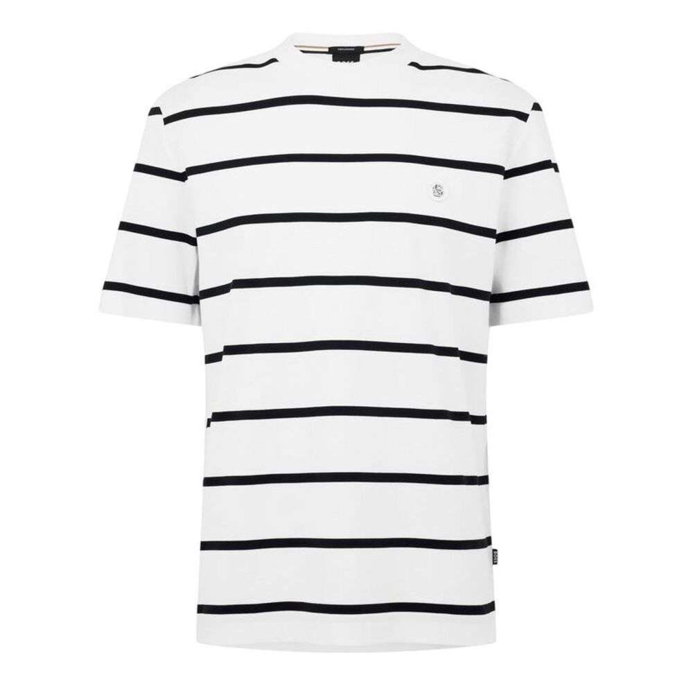 Boss Mens Taut Striped Cotton Regular T-Shirt / White